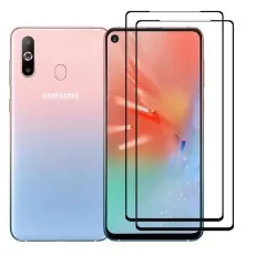 Samsung Galaxy A8s smartphone with two black edge tempered glass screen protectors
