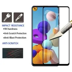 Impact Resistance, 9H hardness, and Anti-Scratch Protection, illustrated by a knife