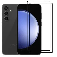 Samsung Galaxy S23 FE smartphone with two black edge tempered glass screen protectors