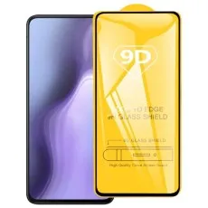 A smartphone next to its 9D edge-to-edge glass shield screen protector packaging