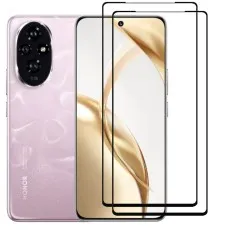 Honor 200 smartphone with two black edge tempered glass screen protectors