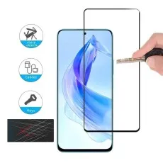 A smartphone with a screen protector, a hand holding a key near the screen, and icons for sharp objects, cables, and keys