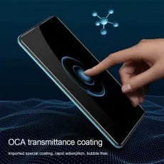 A hand touches a smartphone screen with a glowing fingerprint, highlighting OCA coating