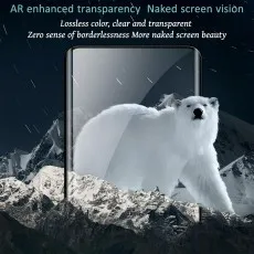 A transparent phone screen over snowy mountains with a polar bear, highlighting AR enhanced transparency