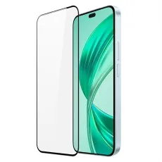 A clear phone screen protector next to a light blue smartphone with a green wallpaper