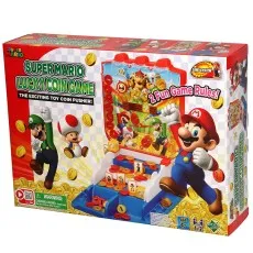 A retail box for the Super Mario Lucky Coin Game with 2 Fun Game Rules! and Link System visible on the packaging