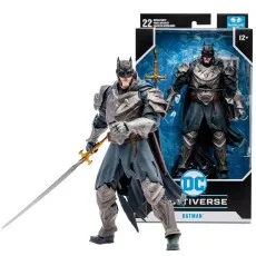 DC toy Batman figure in knight's armor with a sword, posing next to its packaging.