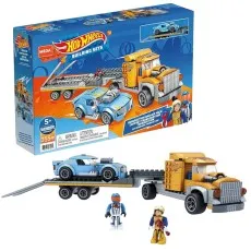 A Hot Wheels Mega Construx Transporter set, showing the truck and car built and next to the box.