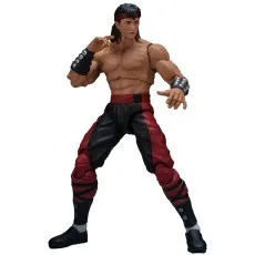 A Mortal Kombat Liu Kang action figure with a red headband, black hair, and red and black pants..