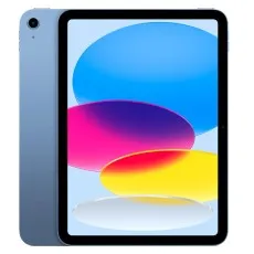 A close-up of a blue iPad showing the front and back of the device
