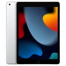 A silver iPad 9th gen 256gb silver with its front screen turned on and its back visible from the side.