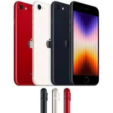 A group product shot of four iPhone SE 3rd Gen phones in red, white, and midnight black.