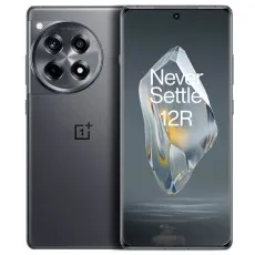 The black OnePlus 12R is shown from a three-quarter angle, highlighting its textured back and the circular camera array.