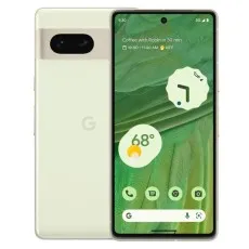 A Google Pixel 7 phone in a light, creamy yellow color, showing both its front and the distinctive rear camera bar.