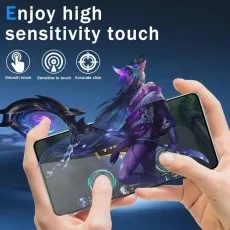 A OnePlus Nord N200 5G showing a game in progress, with fingers demonstrating the high touch sensitivity of the screen protector.