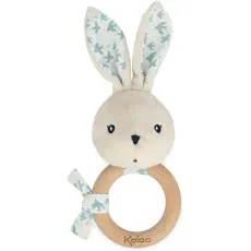 Kaloo Plush Rabbit Baby Rattle – Wooden Ring Toy with Gentle Squeaker, K216001