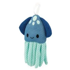 A soft blue octopus toy for the bath with a mesh body and dangling tentacles