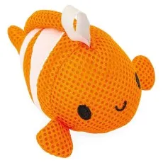 An orange mesh bath toy shaped like a clownfish, with white stripes and a smiling face.
