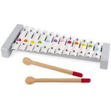 A colorful toy xylophone with 12 white, metal bars and two wooden mallets with red tips