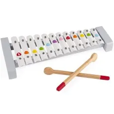 A toy xylophone with 12 white, metal bars and two wooden mallets with red tips