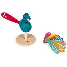 A blue wooden peacock toy with a fanned-out tail and colorful, polka-dot feathers.