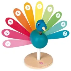A Janod wooden peacock with numbered, rainbow-colored tail feathers from 1 to 10.
