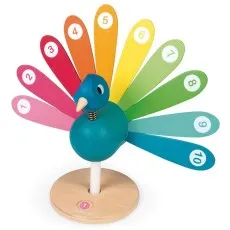 A wooden toy of a peacock with ten colorful, numbered feathers on its fanned tail.