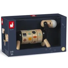A black and natural wood toy dog with a segmented body decorated with colorful shapes.