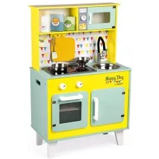 A full view of the Janod Happy Day play kitchen, showing all its features and included accessories.