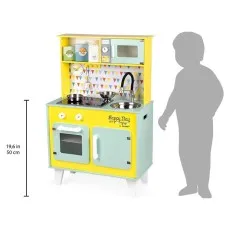 A Janod wooden play kitchen, showing its features, accessories, and dimensions alongside a child's silhouette.