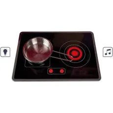 The black electronic stove top from a Janod play kitchen with a small metal pot on one of the burners.