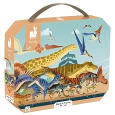 A dinosaur-themed puzzle box with a handle, featuring various dinosaurs and pterosaurs walking across a landscape