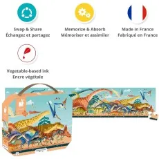 A puzzle box and assembled puzzle with icons highlighting features Swap & Share, Memorize & Absorb, Made in France, and Vegetable-based ink