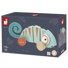 A Janod toy box featuring a drawing of a pull-along chameleon with a spiral tail.