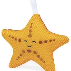 A plush orange starfish toy with a happy face and a dotted pattern on its arms.