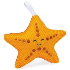 A plush, orange starfish toy with a happy face and a white loop for hanging.