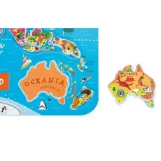 A close-up of a Janod puzzle featuring Australia with a kangaroo and koala illustration.