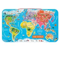 wooden world map puzzle on a blue background, showing continents and oceans.