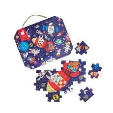 A few pieces of a puzzle are assembled on a white background, showing a red rocket with a rabbit inside.