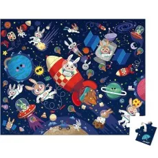 A colorful completed puzzle featuring cartoon rabbits in space, flying in a rocket and other spaceships.