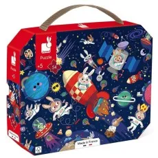 A Janod puzzle box with a whimsical space scene. Cartoon rabbits are astronauts, flying a rocket and floating among planets.