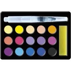 A paint set for kids, featuring 16 different watercolor colors, a transparent brush, and a small sponge.