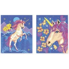 Two completed unicorn paint-by-numbers boards. One shows a unicorn and fairy, the other is a close-up of a unicorn's head.