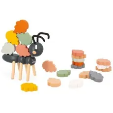 A Janod toy with a wooden ant and several loose and stacked leaf-shaped pieces.