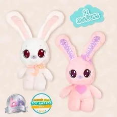 The image shows two versions of a plush bunny, a white one and a pink one, with 2 Colours written above.