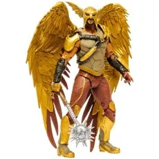 A collectible figure of the superhero Hawkman with his full golden armor and wings, holding a spiky mace.