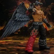 A detailed figure of Devil Jin from Tekken posed aggressively against a fiery background.
