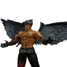 A detailed figure of Devil Jin with a snarling expression, open arms, and large black wings.