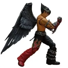 A detailed profile shot of the Devil Jin figure, highlighting his large wing, tattoos, and red pants.