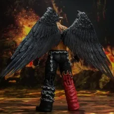 The back of a Devil Jin figure with his wings spread, standing against a fiery background.